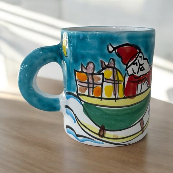 Vtg Handmade Hand Painted Santa Sleigh And Reindeer Coffee Mug Made In Italy - Picture 1 of 5